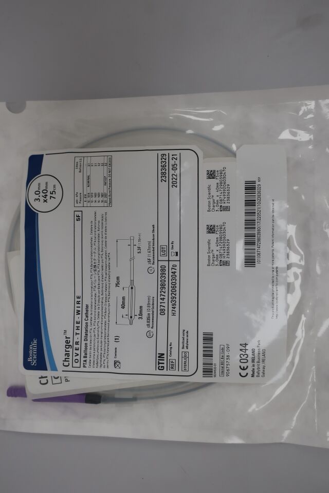 3920603047 - BOSTON SCIENTIFIC - Charger PTA Balloon Dilatation Catheter, Over-The-Wire, 5F, 3.0mm x 40mm x 75cm, (BX/1) - ( Expiry Date: 2022-05-21 )