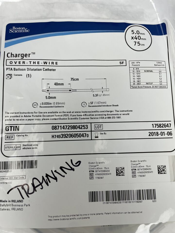 3920605047 - BOSTON SCIENTIFIC - Charger PTA Balloon Dilatation Catheter, Over-The-Wire, 5F, 5.0mm x 40mm x 75cm, (EA) - ( Expiry Date: 2018-01-06 )