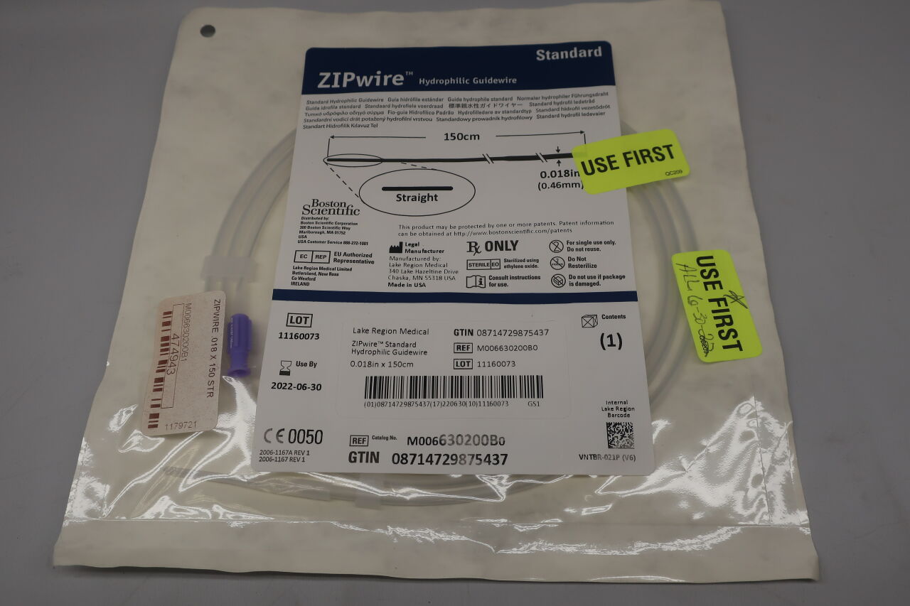 630200B - BOSTON SCIENTIFIC - ZIPwire Hydrophilic Guidewire, Standard, Straight, 0.018" x 150cm, (EA) - ( Expiry Date: 2023-12-31 )