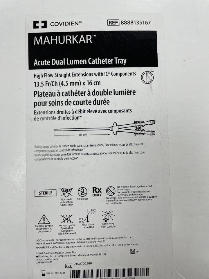8888135167 - COVIDIEN - MAHURKAR Acute Dual Lumen Catheter Tray, High Flow Straight Extensions with IC* Components, 13.5F x 16cm, (BX) - ( Expiry Date: 2022-04-01 )