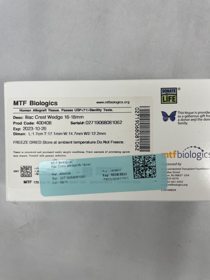 400408 - MTFBIOLOGICS - Iliac Crest Wedge 16-18mm Human Allograft Tissue, L: 1.7cm, T:17.1mm, W:14.7mm, W2: 12.2mm, (BX/1) - ( Expiry Date: 2023-10-26 )