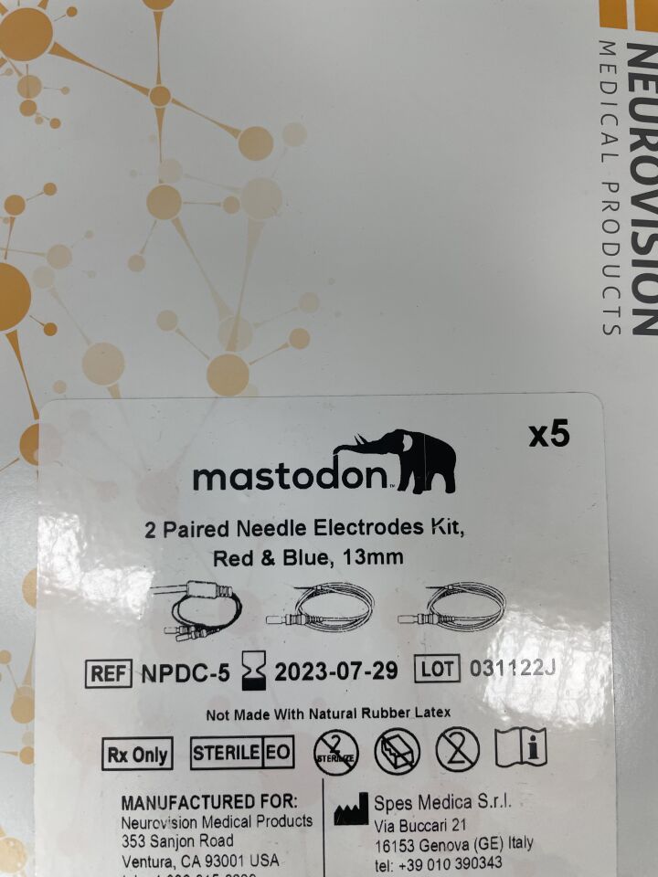 NPDC-5 - NEUROVISION - Mastodon 2 Paired Needle Electrodes Kit, Red & Blue, 13mm, (BX/5) - ( Expiry Date: 2023-07-29 )