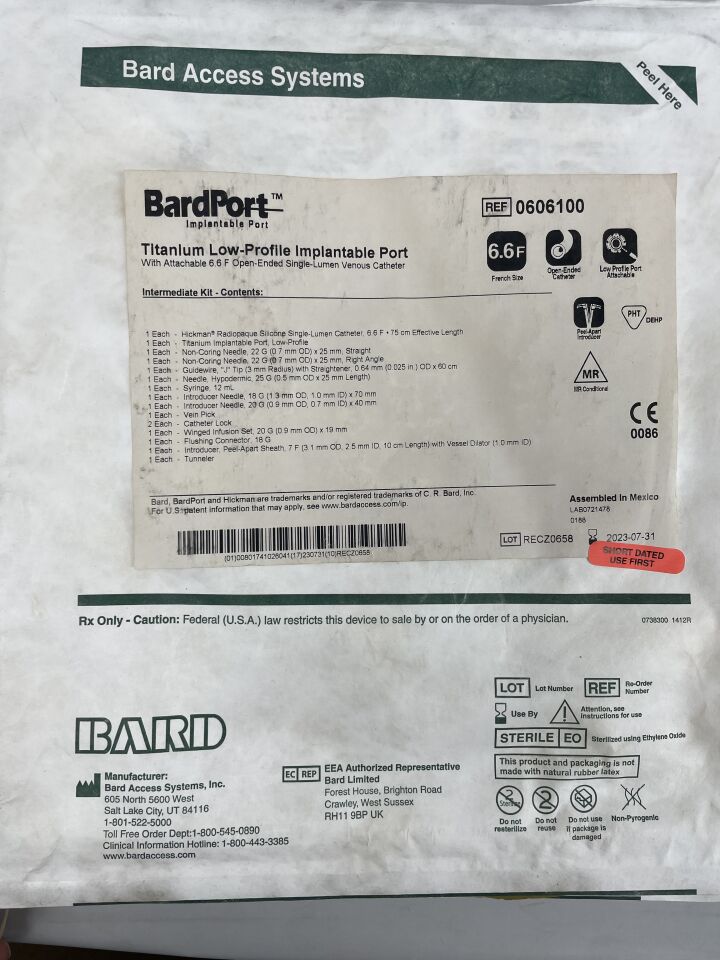 606100 - BARD - BardPort Titanium Low-Profile Implantable Port with Attachable 6.6F Open-Ended Single-Lumen Venous Catheter, Intermediate Kit, (EA) - ( Expiry Date: 2023-07-31 )