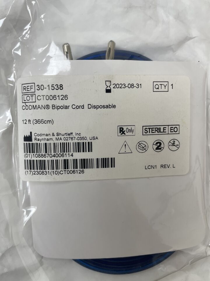30-1538 - INTEGRA - CODMAN Bipolar Cord, 12ft, (EA) - ( Expiry Date: 2023-08-31 )