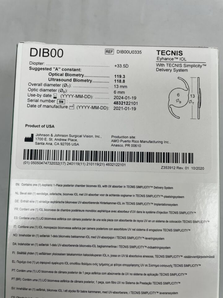 DIB00U0335 - JOHNSON & JOHNSON - TECNIS Eyhance IOL with TECNIS Simplicity Delivery System, + 33.5D, (EA) - ( Expiry Date: 2024-01-19 )
