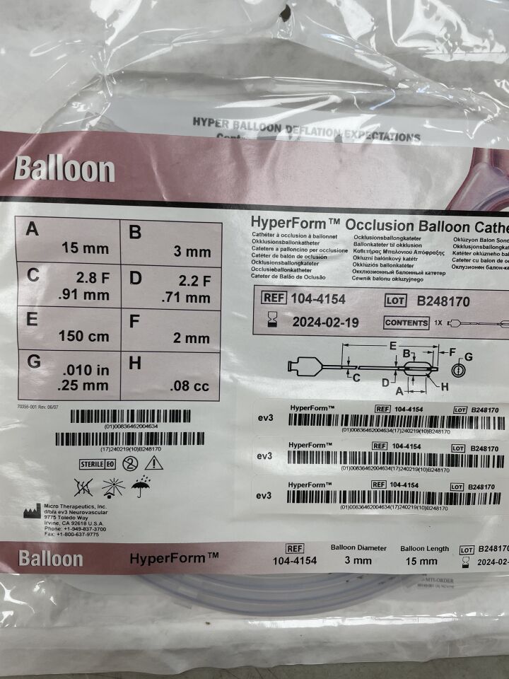 104-4154 - MICRO THERAPEUTICS - HyperForm Occlusion Balloon Catheter, 3mm x 15mm, (EA) - ( Expiry Date: 2024-02-19 )