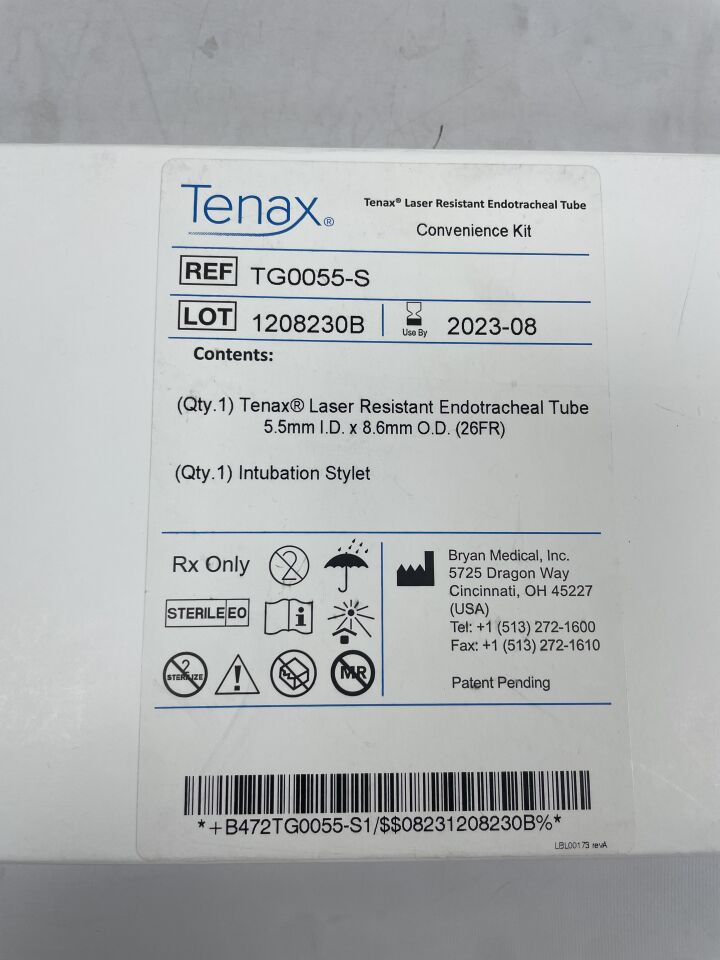 TG0055-S - TENAX - TENAX Laser Resistant Endotracheal Tube Convenience Kit, 5.5mm x 8.6mm, (BX/1) - ( Expiry Date: 2023-08-01 )