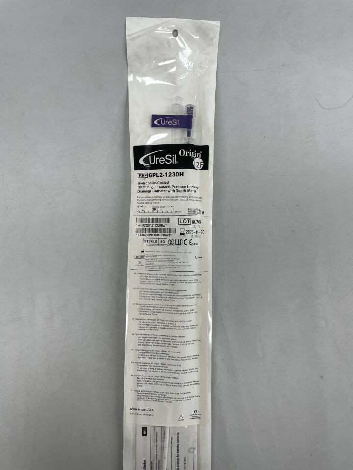 GPL2-1230H - URESIL - Hydrophilic-Coated GP Origin General-Purpose Locking Drainage Catherer with Depth Marks 20cm, 12F, (EA) - ( Expiry Date: 2023-08-31 )