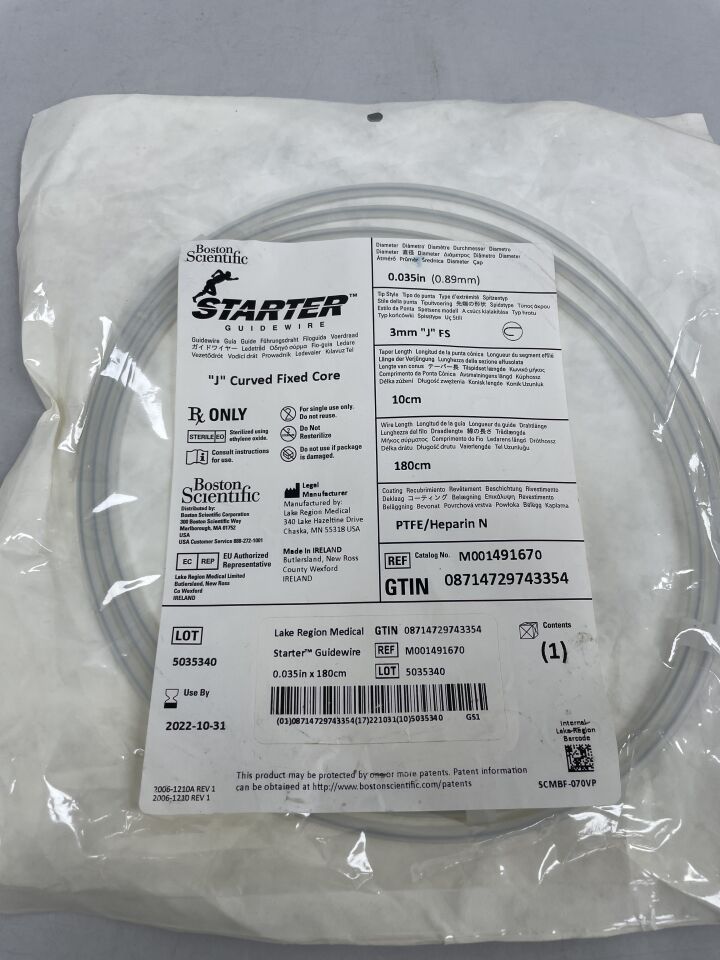 49167 - BOSTON SCIENTIFIC - Starter Guidewire J Curved Fixed Core .035", 3mm J FS, 10cm, 180cm, (EA) - ( Expiry Date: 2022-05-31 )