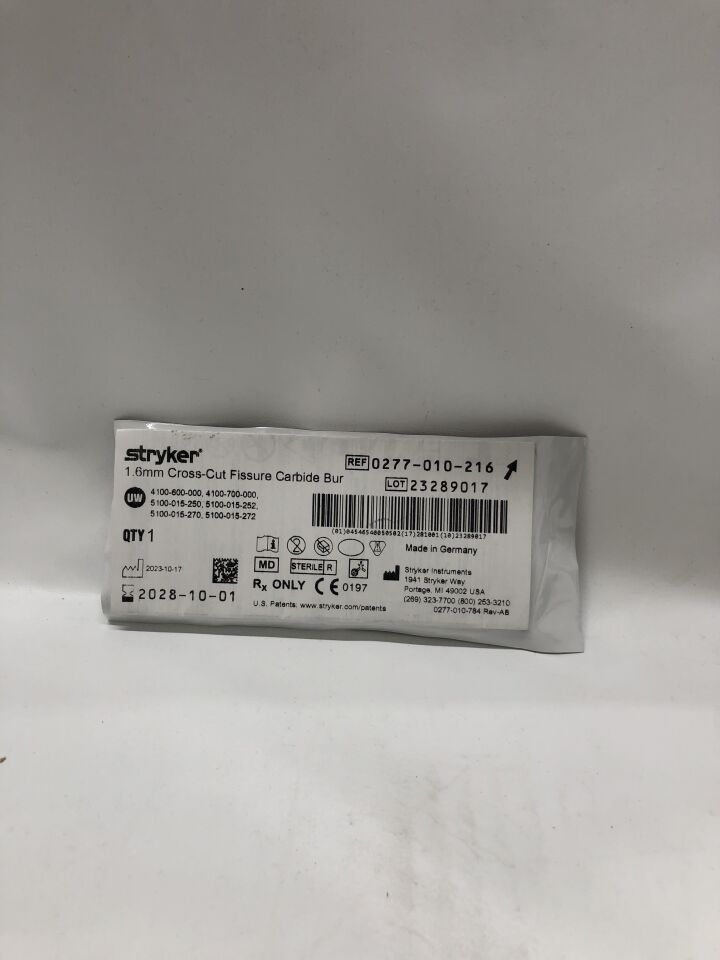 0277-010-216 - STRYKER - Fresa de carburo de fisura de corte transversal, 1,6 mm, (unidades) - (Fecha de caducidad: 01/10/2028)