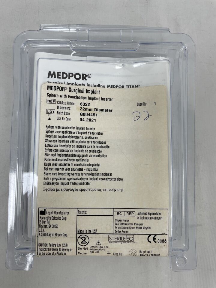 6322 - STRYKER - Medpor Surgical Implant, Sphere with Enucleation Implant Inserter, 22mm, () - ( Expiry Date: 2021-04-01 )