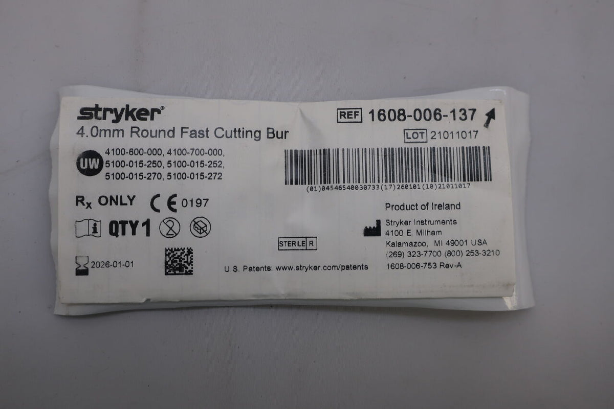 1608-006-137 - STRYKER - Round Fast Cutting Bur, 4.0mm, (EA)
