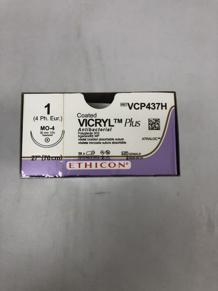 VCP437H - ETHICON - 1 Coated Vicryl Plus, Irgacare MP, Violet Braided SUTURE, 27in, 36mm 1/2c taperpoint needle , ( BX/36 ) - ( Expiry Date : 2025-03-31 )