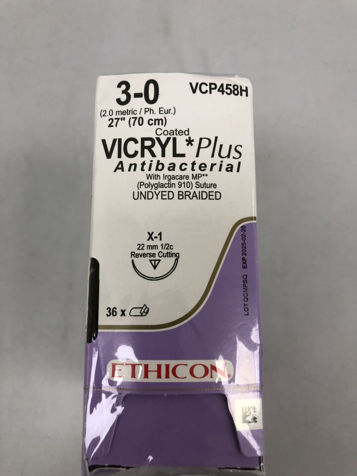 VCP458H - ETHICON - 3-0 Coated Vicryl Plus, Irgacare MP, Undyed Braided SUTURE, 27in, 22mm 1/2c reverse cutting needle , ( BX/36 ) - ( Expiry Date : 2025-02-28 )