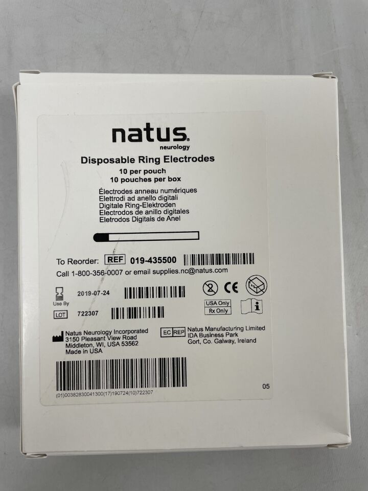 019-435500 - NATUS - Disposable Silver Chloride Ring Electrode, 8 mm x 95 mm , (BX/10) - ( Expiry Date: 2019-07-24 )