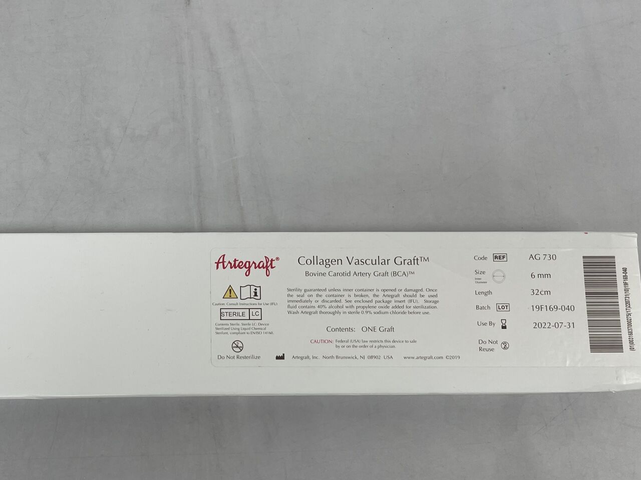 AG730 - LEMAITRE VASCULAR - ARTEGRAFT COLLAGEN VASCULAR GRAFT 6mm, 32cm, (BX/1) - ( Expiry Date: 2022-07-31 )