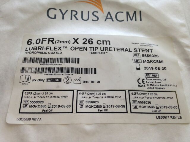 5556026 - GYRUS - Lubri-Flex Open Tip Ureteral Stent, 6.0Fr x 26cm, (EA) - ( Expiry Date: 2023-10-09 )
