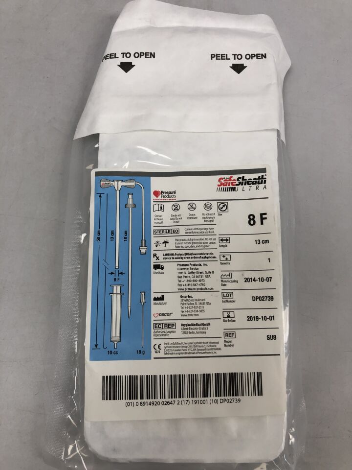 SU8 - OSCOR - SafeSheath Ultra Hemostatic Splittable Sheath, 8F, (EA) - ( Expiry Date: 2019-10-01 )