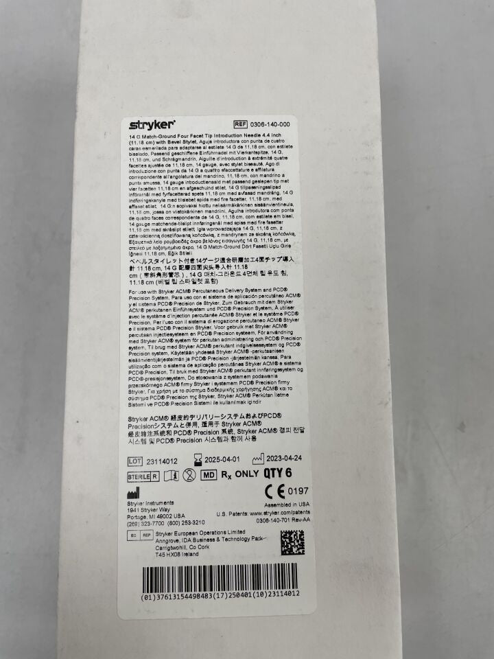 0306-140-000 - STRYKER - Aguja de introducción de cuatro puntas, rectificada, calibre 14, de 4,4 pulgadas y con estilete biselado (BX/6) - (Fecha de caducidad: 01/04/2025)