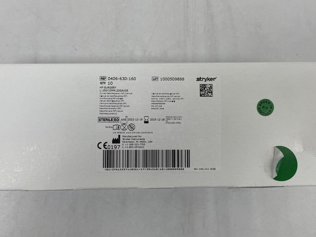 0406-630-160 - STRYKER - Cánula de radiofrecuencia para cirugía de alta frecuencia, 22 g x 100 mm, punta de 10 mm, curva, (caja de 10) - (Fecha de caducidad: 18/12/2025)