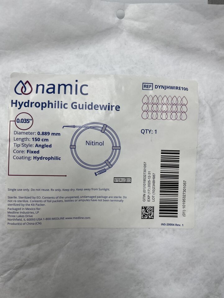 DYNJHWIRE100 - MEDLINE - Guía hidrofílica namic, 0,035" x 150 cm, nitinol, fija, angulada, (cada una) - (Fecha de caducidad: 31/12/2025)