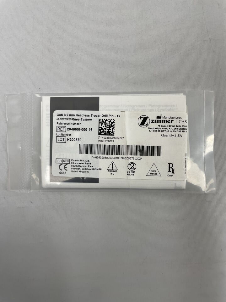 20-8000-000-16 - ZIMMER BIOMET - CAS Fixation Pin, 3.2 OD x 150 mm , ( ) - ( Expiry Date : 2099-12-31 )