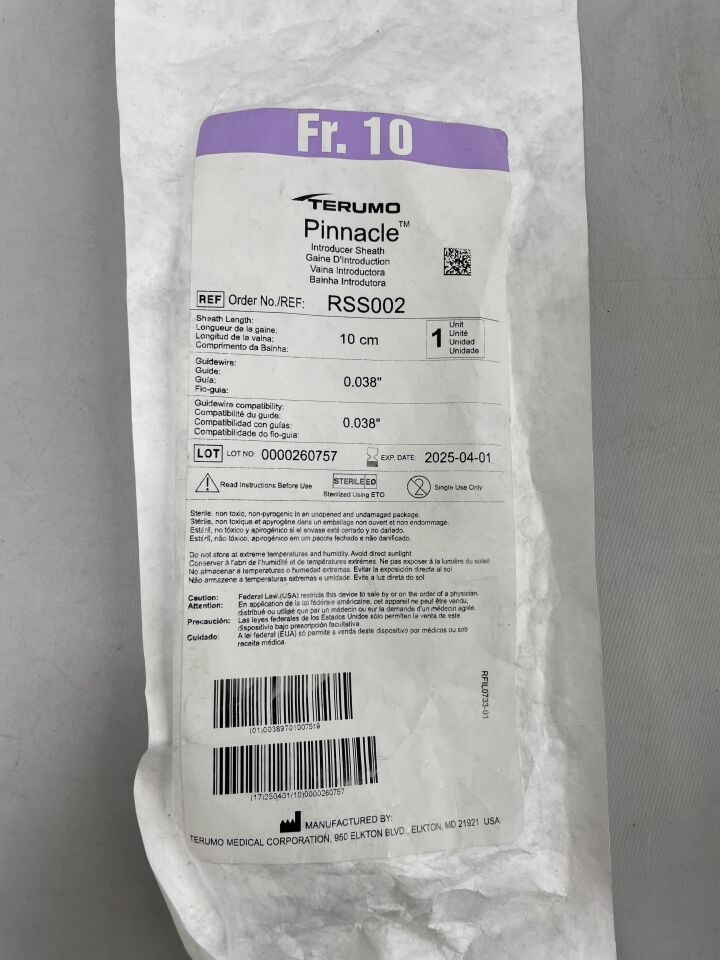 RSS002 - TERUMO - 尖端冠狀動脈導入鞘,帶 0.038 英寸迷你導絲,10f x 10cm,()-(有效期:2025-04-01)
