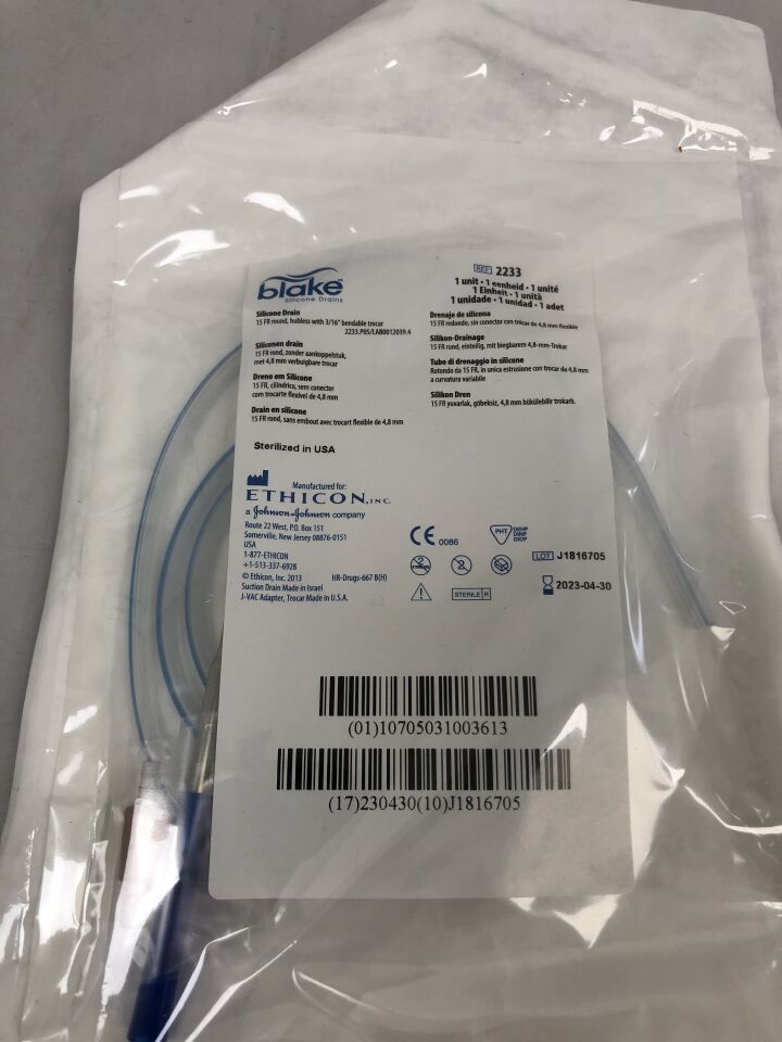 2233 - ETHICON - Blake Silicone Drain Round, Hubless with 3/16in Bendable Trocar, 15F, (EA) - ( Expiry Date: 2023-04-30 )