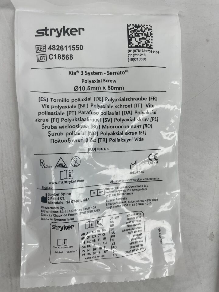 482611550 - STRYKER - Xia 3 System Serrato Polyaxial Screw, 10.5mm x 50mm , ( EA ) - ( Expiry Date : 2099-01-01 )