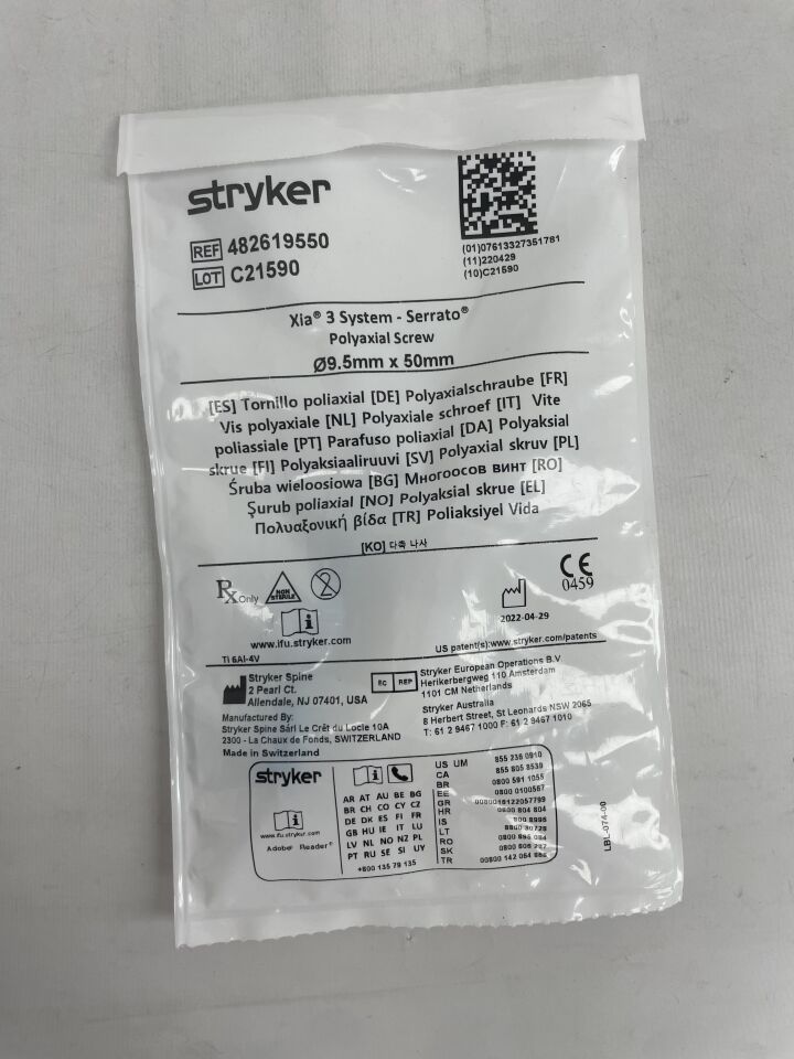 482619550 - STRYKER - Xia 3 System Serrato Polyaxial Screw, 9.5mm x 50mm , ( EA ) - ( Expiry Date : 2099-01-01 )