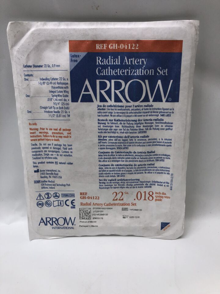 Arrow radial artery catheterization set 22 gauge, sterile medical package front view