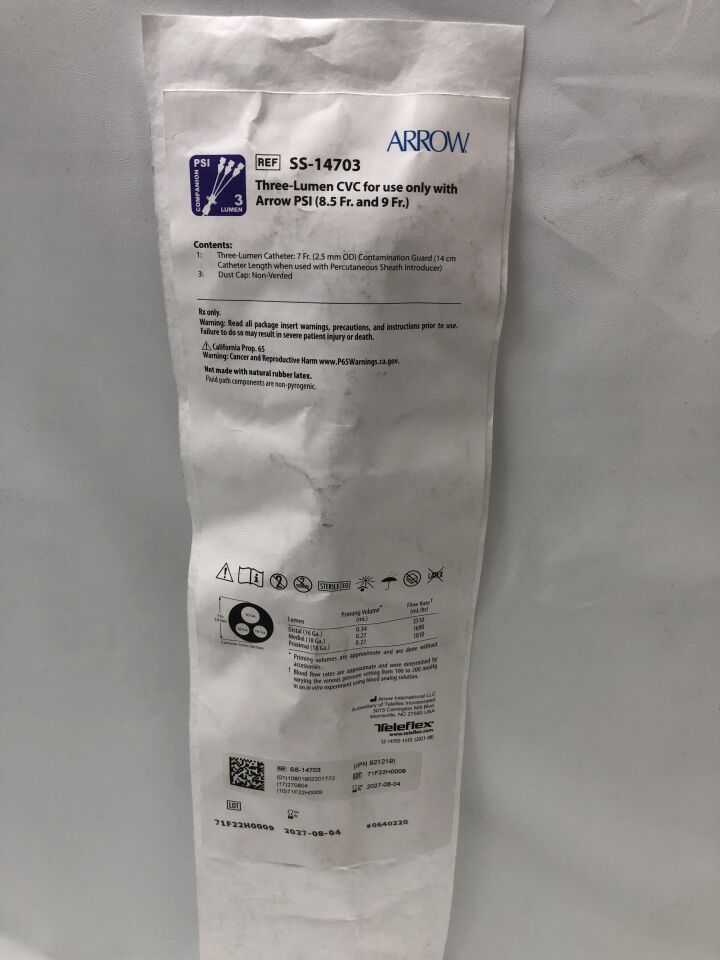SS-14703 - TELEFLEX - 適用於 Arrow PSI 的三腔中心靜脈導管,8.5 Fr 和 9 Fr,(EA)-(有效期至:2027-08-04)