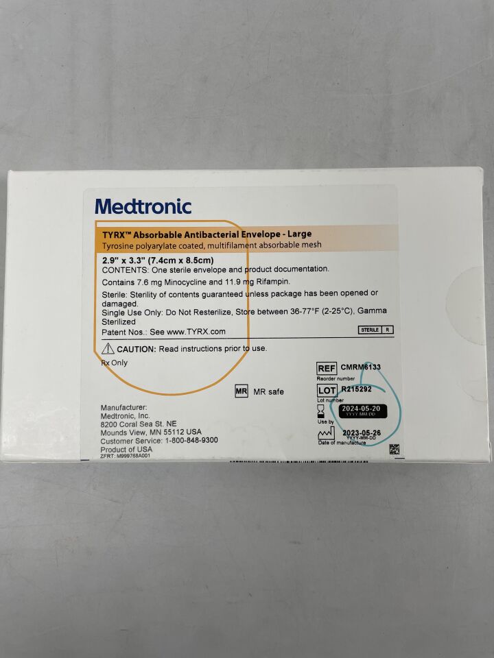 CMRM6133 - MEDTRONIC - tyrx absorbable antibacterial envelope, large 2.9" x 3.3", () - ( Expiry Date: 2024-05-20 )