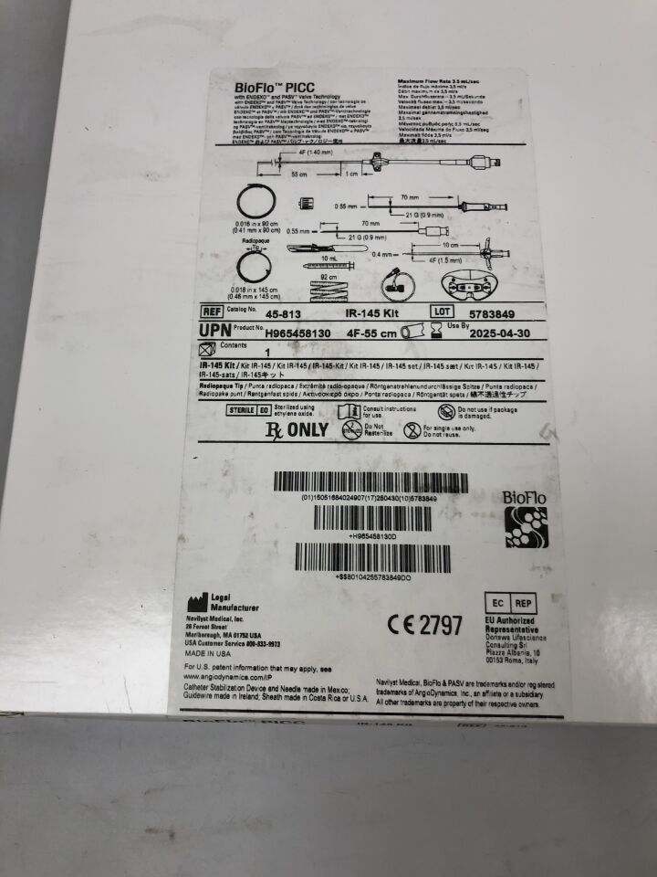 45-813 - NAVILYST - 生物流體動力注射單腔 4F PICC 導管套件,含 Endexo 和 PASV 導管,不銹鋼導絲,(BX/1)-(有效期至:2025-04-30)
