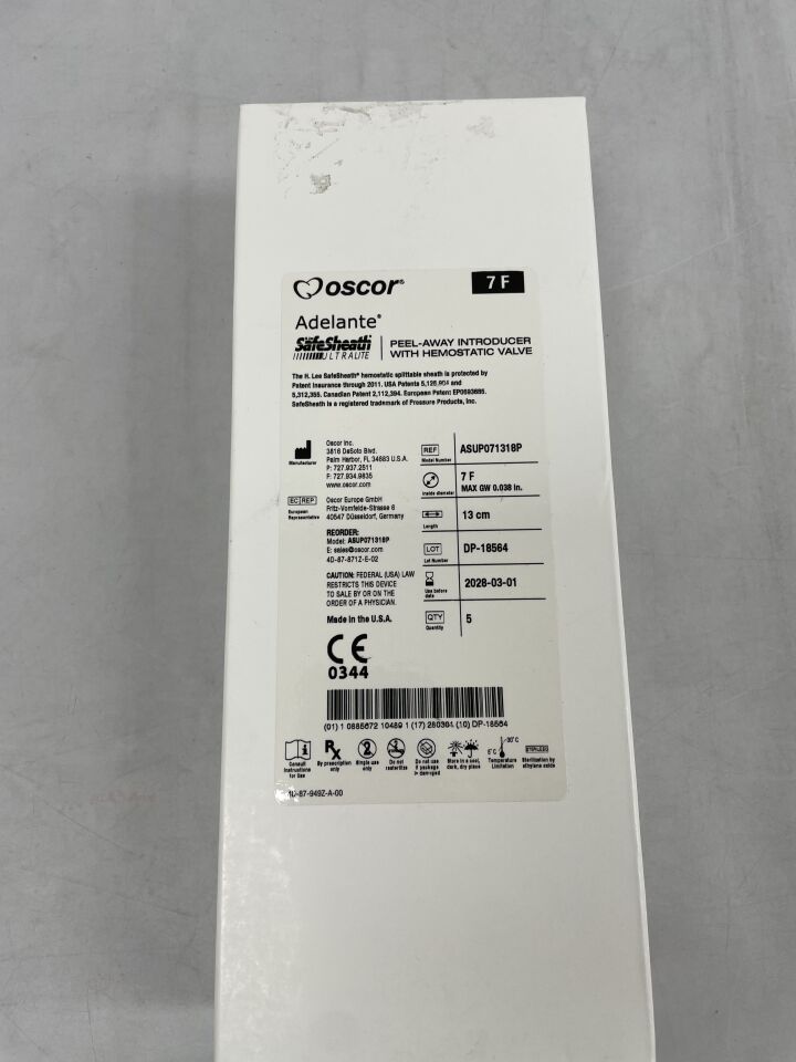 ASUP071318P - OSCOR - Adelante SafeSheath Ultralite 剝離式導入器,帶止血閥,7F,(BX/5)-(有效期:2028-03-01)