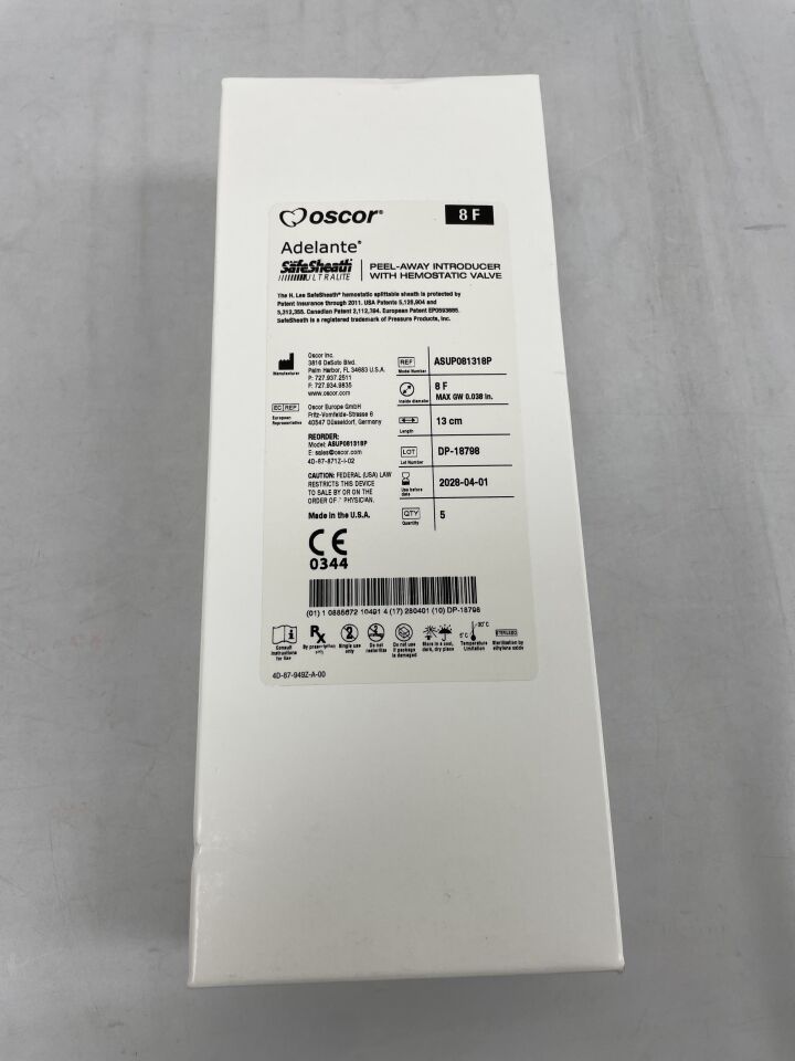 ASUP081318P - OSCOR - Adelante SafeSheath Ultralite 剝離式導入器,帶止血閥,8F,(5支/盒)-(有效期至:2028-04-01)