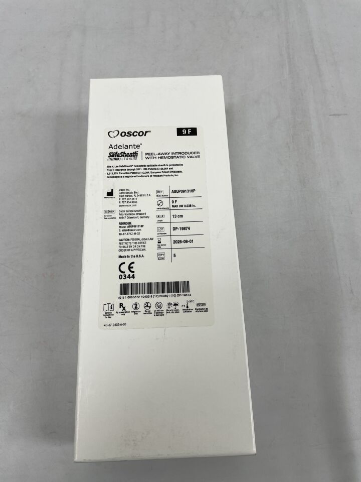 ASUP091318P - OSCOR - Adelante SafeSheath Ultralite 剝離式導入器,帶止血閥,9F,(5支/盒)-(有效期至:2028-08-01)