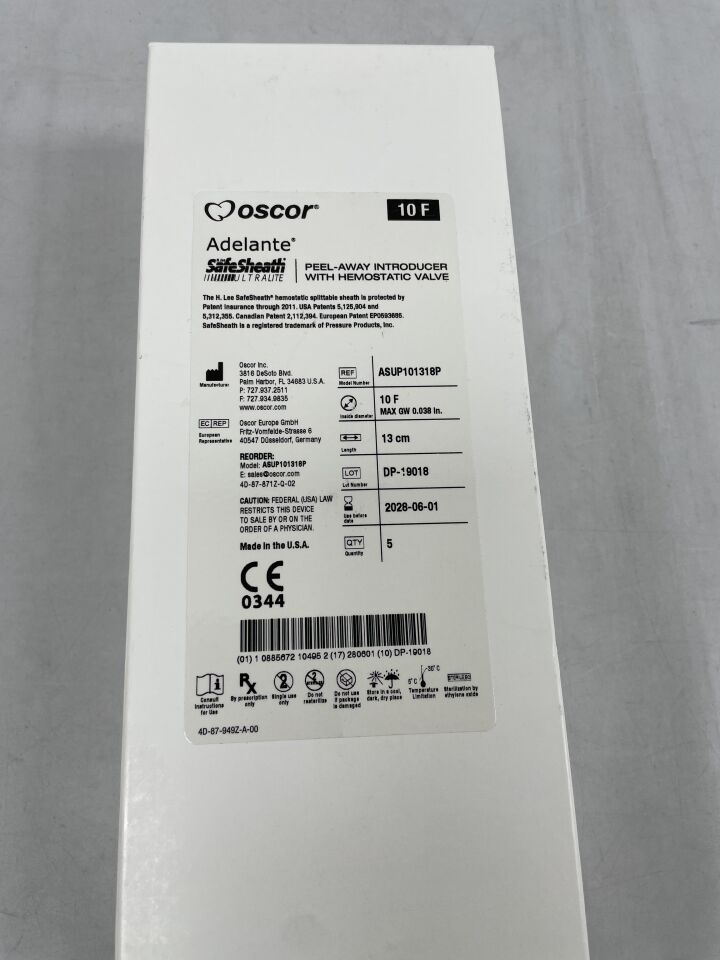 ASUP101318P - OSCOR - Adelante SafeSheath Ultralite 剝離式導入器,帶止血閥,10F,(BX/5)-(有效期:2028-06-01)