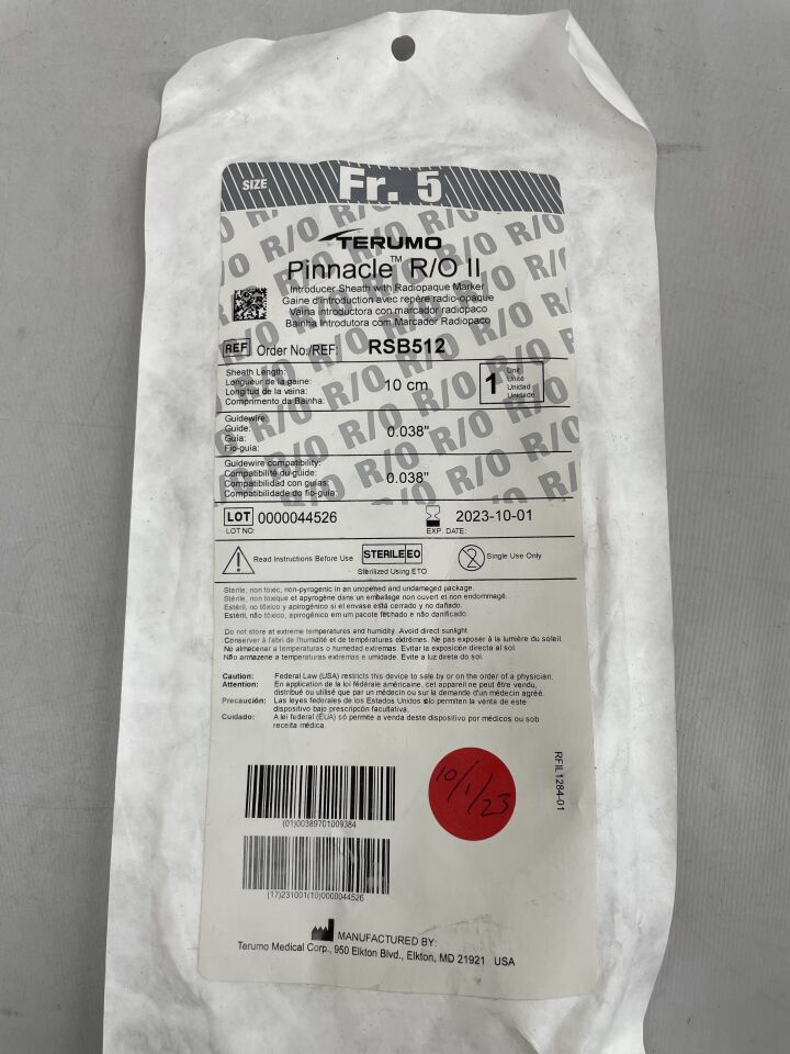 RSB512 - TERUMO - Pinnacle R/O II Introducer Sheath with Radiopaque Marker - 5Fr x 10cm x .038", () - ( Expiry Date: 2023-10-01 )