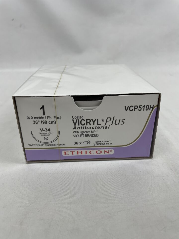 VCP519H - ETHICON - Sutura, tamaño 1, 36 pulgadas de largo, violeta, triclosán, poliglactina 910, trenzada, 1/2 círculo, longitud de aguja de 36 mm, (BX/36) - (Fecha de caducidad: 28/02/2025)