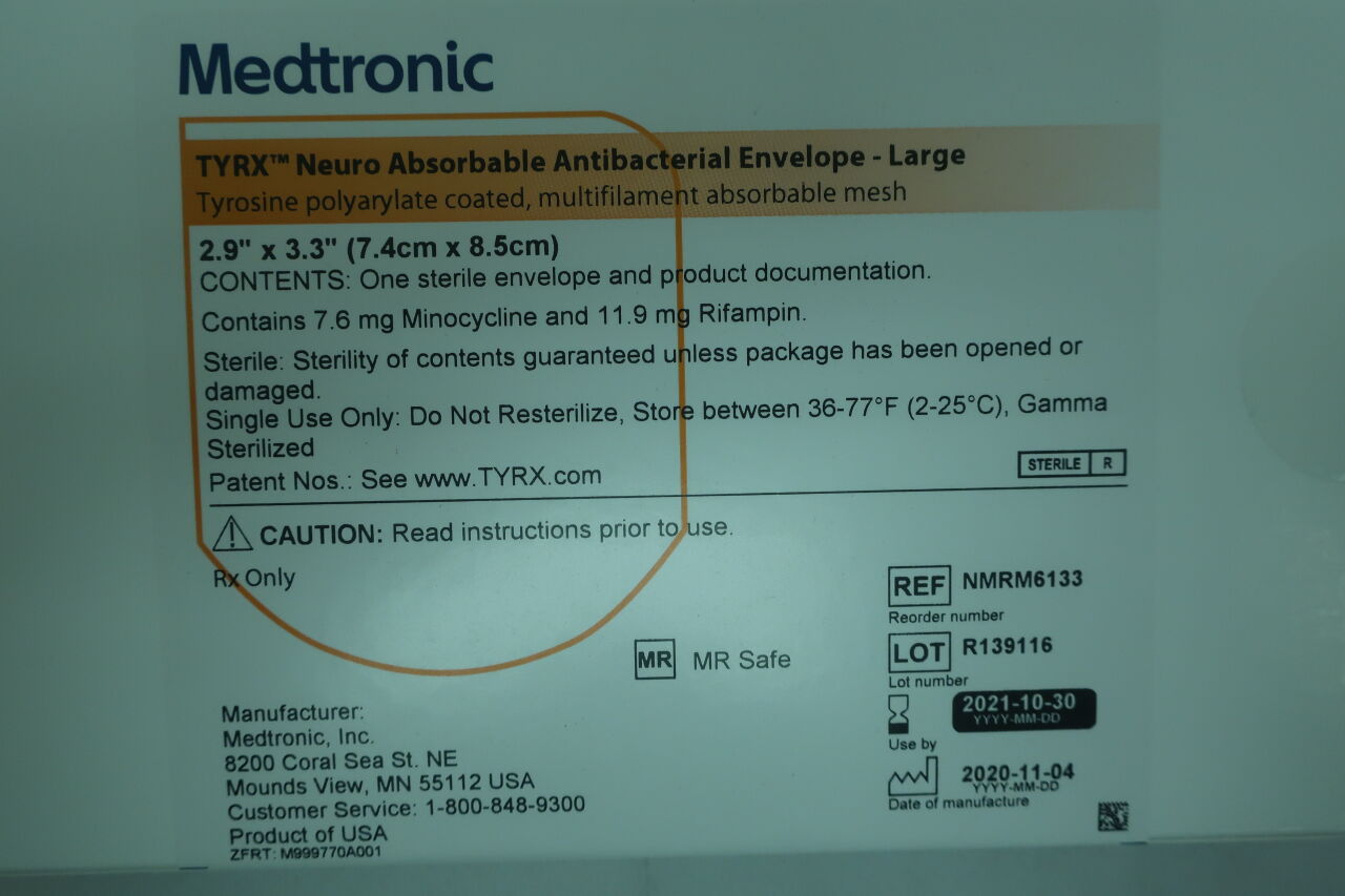 NMRM6133 - MEDTRONIC - TYRX Neuro Absorbable Antibacterial Envelope, Large 2.9" x 3.3", () - ( Expiry Date: 2023-12-15 )