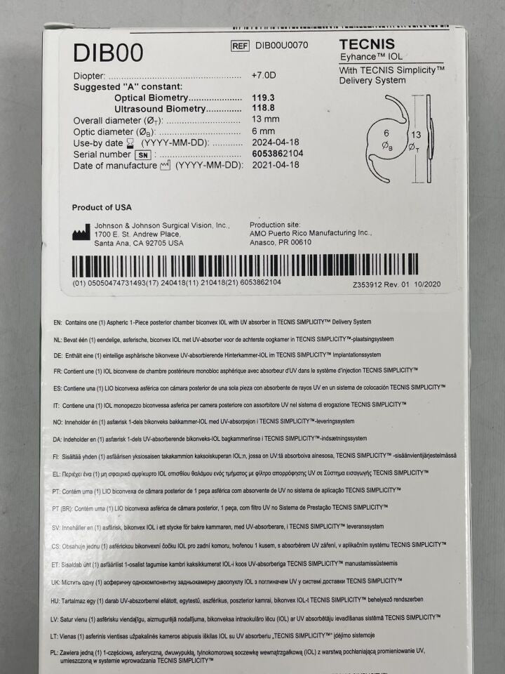 DIB00U0070 - JOHNSON & JOHNSON - TECNIS Eyhance IOL with TECNIS Simplicity Delivery System, +7.0D, ()