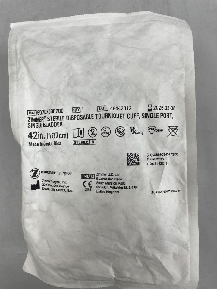 60707500700 - ZIMMER - 42" tourniquet cuff w/o sleeve, single port, single bladder, luer , ( EA ) - ( Expiry Date : 2026-02-08 )