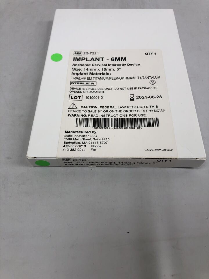 22-7221 - INCITE - Anchored Cervical Interbody Device, Implant 6mm, 14mm X 16mm, 5 degrees, (BX/1) - ( Expiry Date: 2021-08-28 )