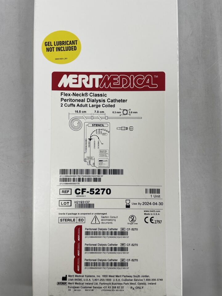 CF-5270/C - MERIT MEDICAL - Flex-Neck Classic Peritoneal Dialysis Catheter 2 Cuffs Adult Large Coiled, 16.5cm, (BX/1) - ( Expiry Date: 2024-04-30 )