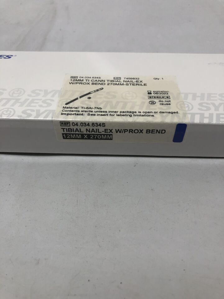 04.034.634S - SYNTHES - Titanium Cannulated Tibial Nail with Prox Bend, 12mm X 270mm, (BX/1) - ( Expiry Date: 2022-08-31 )