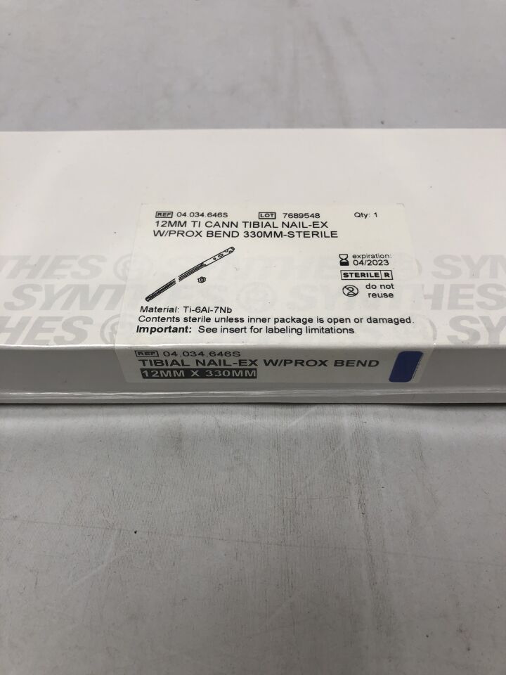 04.034.646S - SYNTHES - Titanium Cannulated Tibial Nail with Prox Bend, 12mm X 330mm, (BX/1) - ( Expiry Date: 2023-04-30 )