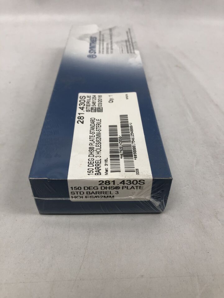 281.430S - SYNTHES - 150 Degree DHS Plate-STD Barrel, 3 Holes, 62mm, (BX/1) - ( Expiry Date: 2016-03-31 )