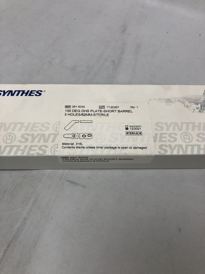 281.503S - SYNTHES - 130 Degree DHS Plate-Short Barrel, 3 Holes, 63mm, (BX/1) - ( Expiry Date: 2021-12-31 )