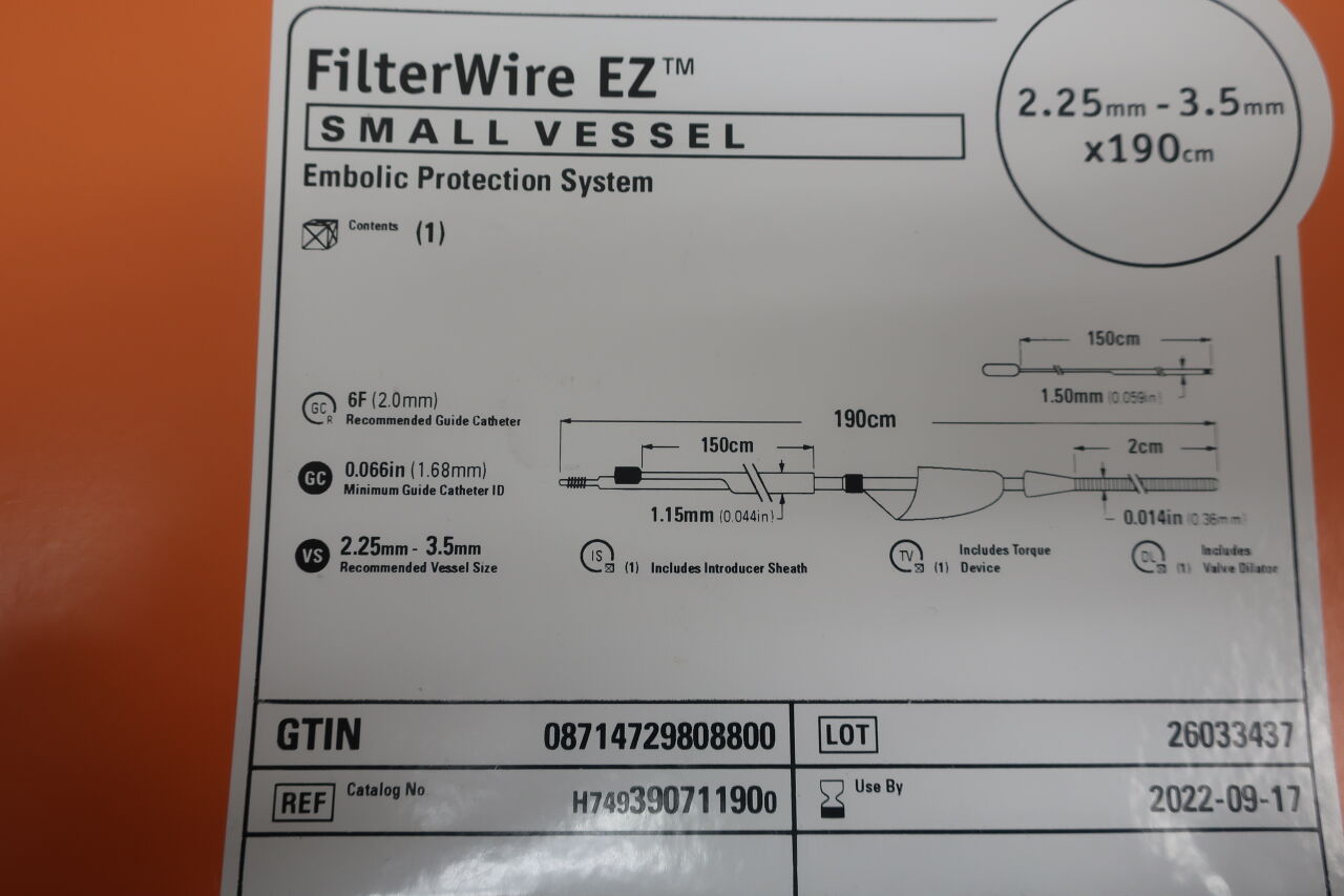 39071190 - BOSTON SCIENTIFIC - FilterWire EZ Embolic Protection System - Small Vessel - 2.25mm-3.5mm x 190cm, () - ( Expiry Date: 2023-08-02 )